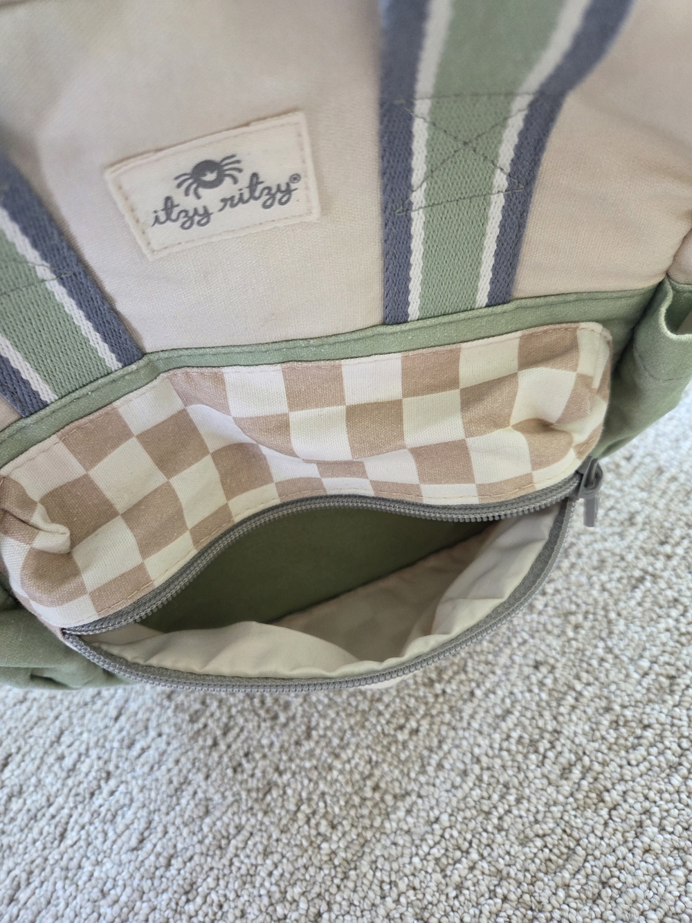 Itzy Ritzy Green & Cream Check Front Pocket Canvas Mini Backpack - Picture 5 of 6